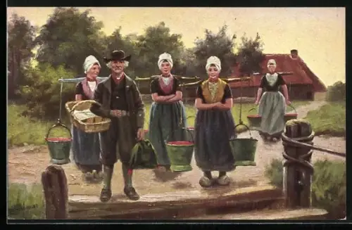 Künstler-AK Johan Georg Gerstenhauer: Bauersfrauen und alter Mann auf dem Weg zum Markt