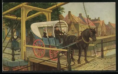 Künstler-AK Johan Georg Gerstenhauer: Pferdekutsche auf der Zugbrücke