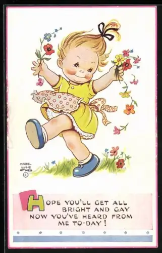 Künstler-AK Mabel Lucie Attwell: Fröhliches kleines Mädchen mit gepflückten Blumen