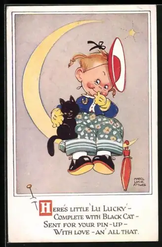 Künstler-AK M.L. Attwell: Mädchen sitzt mit schwarzer Katze auf dem Sichelmond