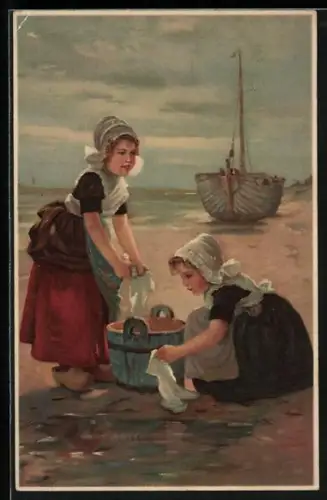 AK Mädchen in Tracht waschen ihre Wäsche