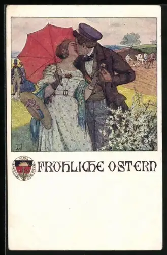 Künstler-AK Karl Friedrich Gsur: Deutscher Schulverein: Fröhliche Ostern, Paar beim Kuss