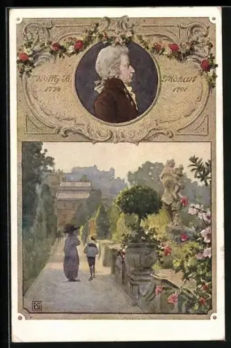 Künstler-AK Karl Friedrich Gsur: Portrait von W. A. Mozart, Ortsansicht mit Denkmal