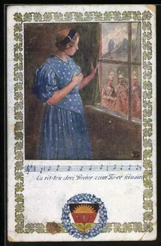 Künstler-AK Karl Friedrich Gsur: Deutscher Schulverein Nr. 370: Frau am Fenster sieht Soldaten in Uniform