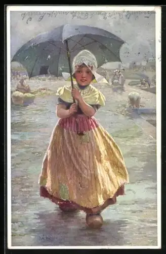 Künstler-AK Rudolf Alfred Höger: Holländerin in Holzschuhen mit Regenschirm