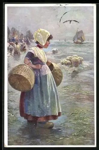 Künstler-AK Rudolf Alfred Höger: holländisches Mädchen in Tracht am Meer