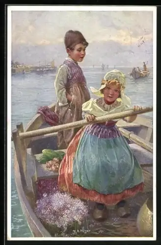 Künstler-AK Rudolf Alfred Höger: Holländische Kinder rudern über den Fluss