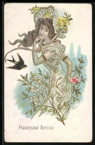 AK Elegante Dame mit Hut und Schwalbe, Heureuse Année, Jugendstil