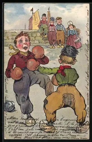 AK Zwei Männer beim Strassenboxen am Hafen