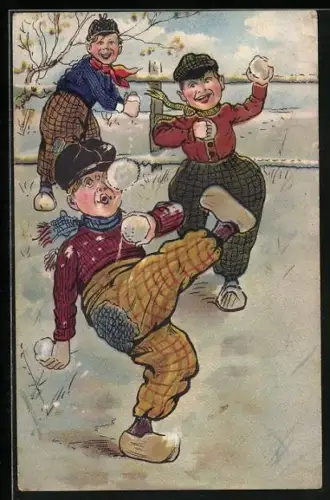 AK Niederländische Knaben machen eine Schneeballschlacht