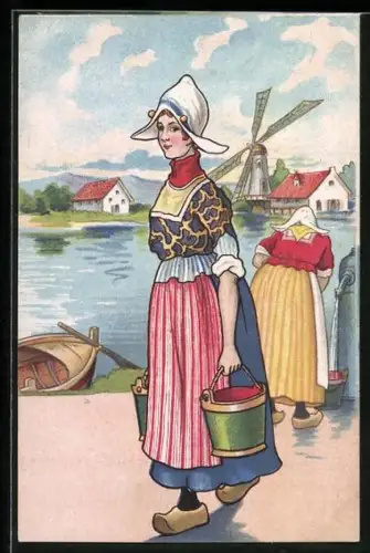 AK Frauen in niederländischen Trachten holen ihr Wasser am Brunnen ab, Boot, Windmühle