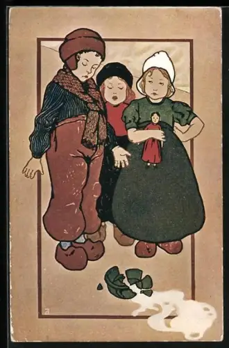 Künstler-AK Kinder stehen vor einem zerbrochenen Milchkrug, Puppe