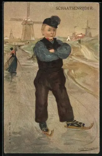 AK Holländer auf Schlittschuhen, Im Hintergrund Windmühle