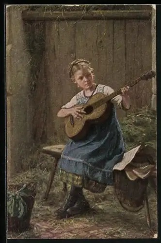 Künstler-AK Mädchen mit Gitarre, Musikalische Studien