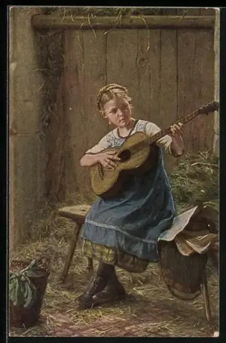 Künstler-AK Mädchen mit Gitarre, Musikalische Studien