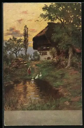 Künstler-AK Wilhelm Hasemann: Schwarzwald, Abendfrieden, Gänsemädchen am Teich