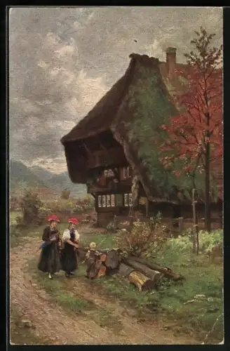 Künstler-AK W. Hasemann: Gutacherinnen in Tracht vor Bauernhaus