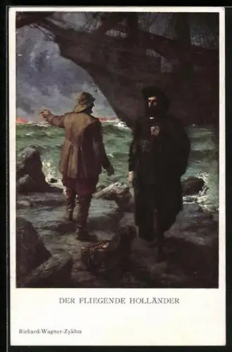 AK Richard Wagner, der Fliegende Holländer vor seinem Schiff