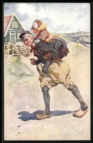 Künstler-AK Theo Stroefer Nr. 687: Mann trägt ein Mädchen auf dem Rücken