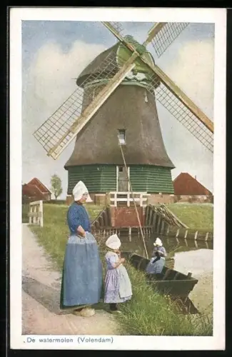 AK De watermolen, Frau mit Kindern vor einer Windmühle