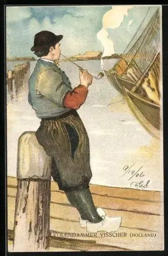 AK Volendamer Fischer mit Pfeife und Segelboot