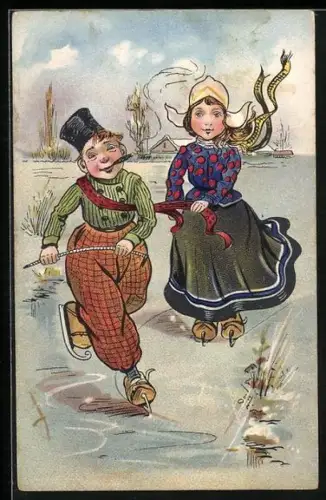 AK junges niederländisches Paar beim Schlittschuhlaufen