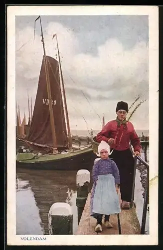 AK an de haven, Mann mit Tochter, niederländische Tracht