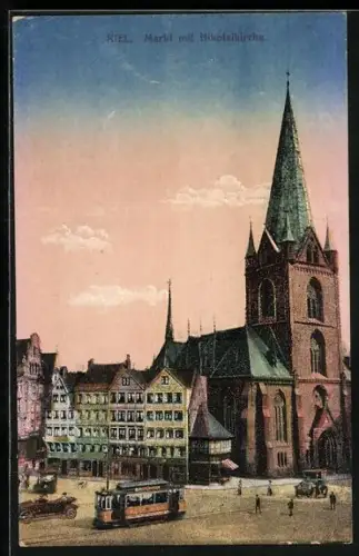 AK Kiel, Markt mit Nikolaikirche und Strassenbahn