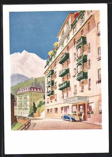 Künstler-AK Badgastein, Kurhaus-Pension Eden mit Dependance