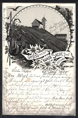 Lithographie Hohe Salve /Tirol, Blick auf den Gasthof und weitere Gebäude