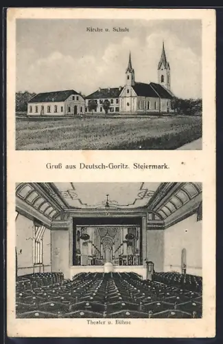 AK Deutsch-Goritz /Steiermark, Kirche und Schule, Innenansicht vom Theater mit Bühne