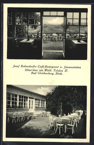 AK Bad Gleichenberg /Stmk., Restaurant Häus`chen am Wald, Blick auf die Terrasse mit Landschaft, Inh. Josef Rokendorfer