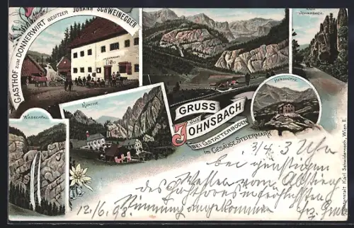 Lithographie Johnsbach bei Gstatterboden, Gasthof zum Donnerwirt, Kirche und Hesshütte, Bes. Johann Schweinegger