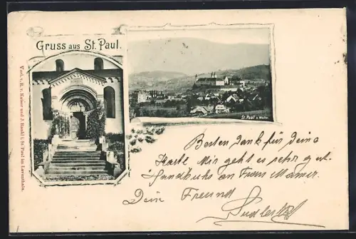 AK St. Paul im Lavanttal, Portal der Kirche und Ortsansicht