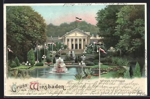 Lithographie Wiesbaden, Kurpark mit Anlagen, Ansicht bei Nacht