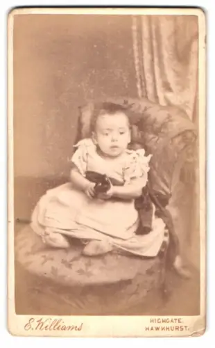 Fotografie E. Williams, Hawkhurst, Highgate, Kleinkind auf Sessel