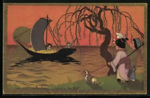AK Japaner fahren in einem Segelboot, Art Deco