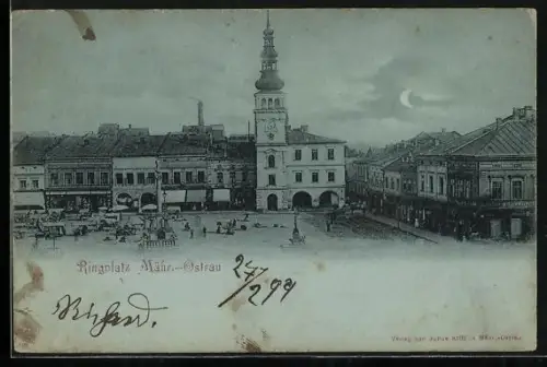 Mondschein-AK Mähr.-Ostrau, Ringplatz mit Denkmal