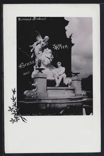 AK Wien, Raimund-Denkmal bei Nacht, Eichen- u. Lorbeer-Zweig