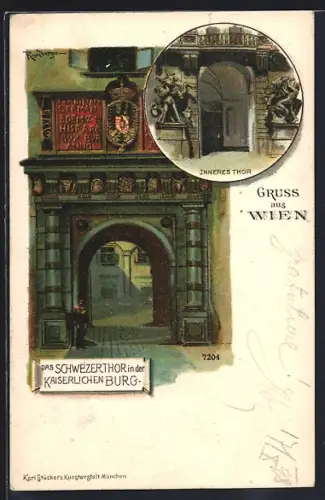 Lithographie Wien, Hofburg, Schweizertor in der Kaiserlichen Burg, Inneres Tor