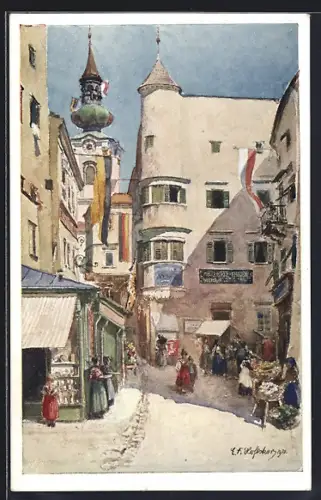 Künstler-AK E.F. Hofecker: Gmunden, Pfarrgasse mit Passanten