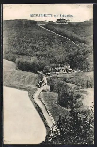 AK Neuwaldegg, Gasthaus Rieglerhütte mit Sofienalpe aus der Vogelschau