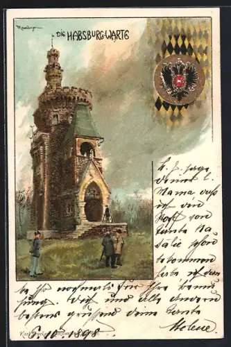 Künstler-Lithographie Wien, Habsburg-Warte mit Besuchern mit Wappen