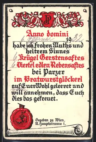 AK Wien, Restaurant Bürgertheater, Hauptstrasse, Urkunde über Biergenuss im Nürnberger Bratwustglöckerl