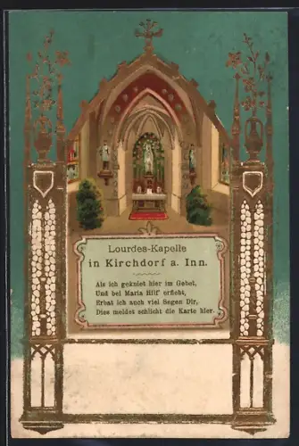 Künstler-AK Kirchdorf a. Inn, Lourdes-Kapelle, Innenansicht mit goldenem Gebäudeumriss