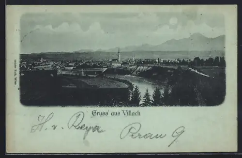 Mondschein-AK Villach, Ortspanorama mit Fluss und Brücke