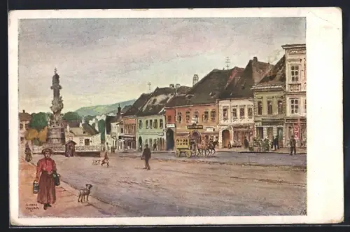 Künstler-AK Klosterneuburg, Unterer Stadtplatz mit Geschäften, Pferdekutsche