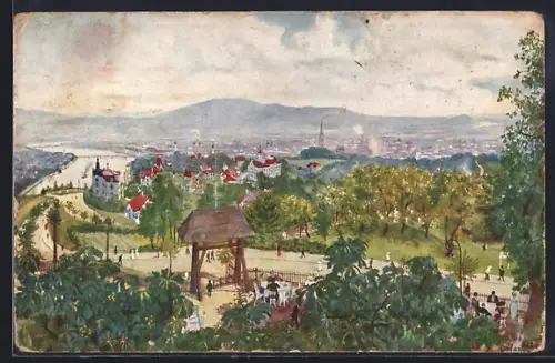 Künstler-AK Linz, Stadtansicht von T. Mikeschs Cafe-Restaurant zum Jägermeier am Freinberge