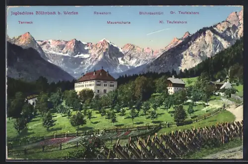 AK Blühnbach, Jagdschloss Blühnbach mit Tenneck, Mauerscharte, und Kl. Teufelshorn