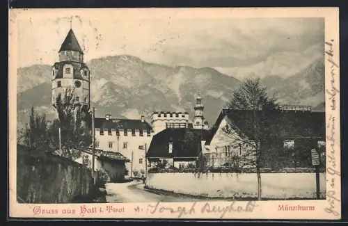 AK Hall i. Tirol, Münzthurm mit Strasse